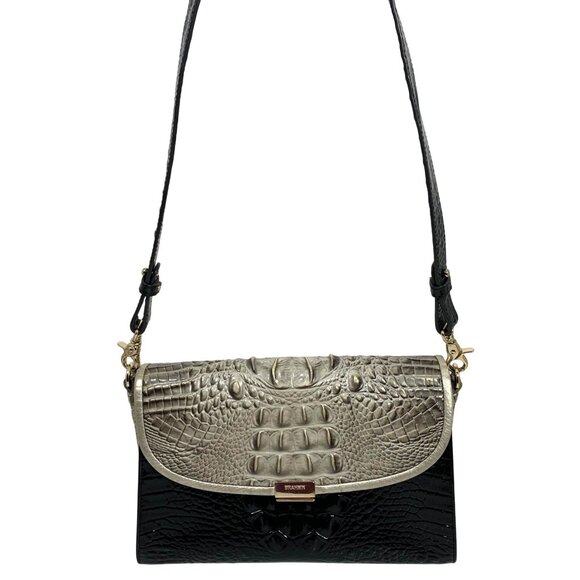 BRAHMIN Fold Over Clasp Shoulder Bag Clutch Crocodile Embossed Leather Silver - Picture 1 of 14